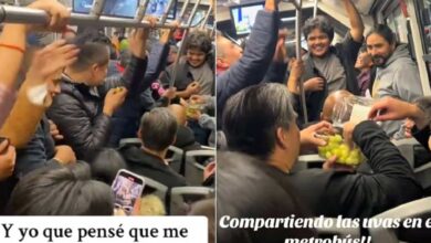 Pasajeros del Metrobús celebran Año Nuevo 2025 compartiendo uvas