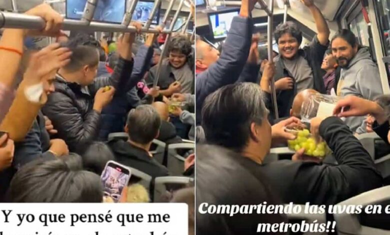 Pasajeros del Metrobús celebran Año Nuevo 2025 compartiendo uvas