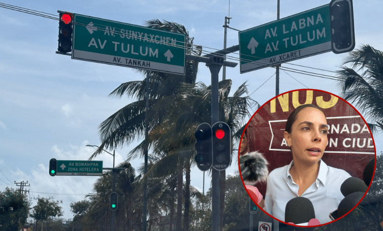Imagen de semáforos de Cancún con inserción de imagen circular de Ana Paty